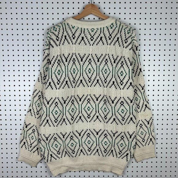 Potomac Collection USA Made Chunky Knit Sweater Large Green Cream Grandpa 90s - Picture 3 of 6